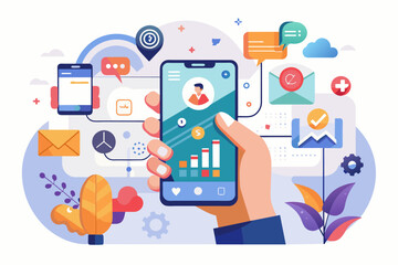 Fototapete - A hand swipes through a mobile app, showcasing a seamless and user-friendly customer journey.