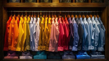 Orderly presentation of various colored shirts in a fashion boutique