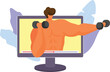 Muscular back man lifting dumbbells emerges computer screen, suggesting virtual fitness training. Conceptual representation online workouts, digital personal training, technology merging physical