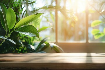 Wall Mural - wood table background with sunlight window create leaf shadow on wall with blur indoor green plant foreground.panoramic banner mockup for display of product,warm tone lights - generative ai