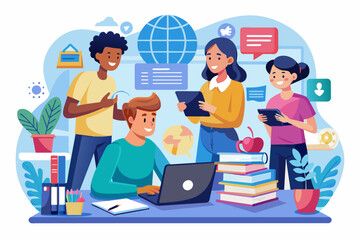 Poster - A group of students engaged in a collaborative online project, representing the power of technology in education.