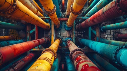 Overhead view of colorful steel pipes crisscrossing in an organized chaos