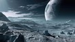Describe a breathtaking scene where the rugged moon surface unfolds beneath a vast sky dominated by the majestic presence of a colossal neighboring planet