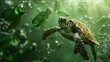 Underwater view of a lone turtle navigating through a sea of green bottles