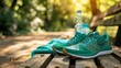Fresh green running shoes with water bottle and towel on wooden bench