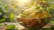 Sunlit spaghetti twirl with basil leaves falling into a wooden bowl