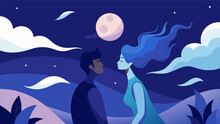 Whispers Floating On The Breeze As Two Figures Lean In Closer Under The Moonlit Sky.. Vector Illustration