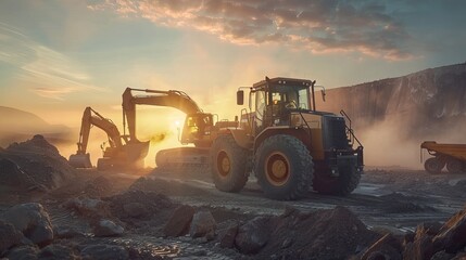 Wall Mural - Digger machines working in sun view