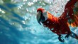 Hilarious underwater scene parrot in pool plays deep dive action, Ai Generated.