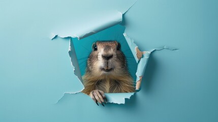 Wall Mural - A humorous groundhog  peers through a ripped hole in a contrast pastel color paper background, Ai Generated