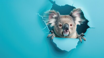 Wall Mural - A humorous koala peers through a ripped hole in a contrast pastel color paper background, Ai Generated