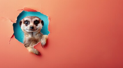 Wall Mural - A humorous meerkat peers through a ripped hole in a contrast pastel color paper background, Ai Generated