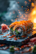 Closeup of sushi roll with smoke, made with fish under heat