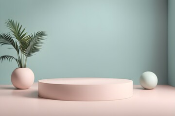 Wall Mural - A pink and green room with a large round table and two vases