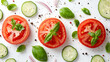 © Food Cart - Creative layout made of tomato slice, onion, cucumber, basil leaves, Flat lay, top view, Food concept, Vegetables isolated on white background, Food ingredient pattern, Banner