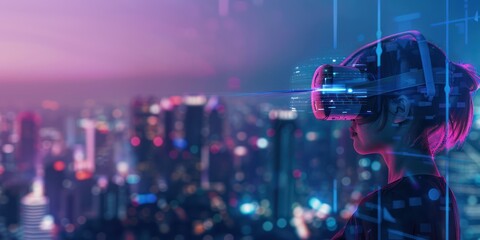 Illustration of a man or woman using virtual reality glasses headset technology, against the background of sophisticated 5G network technology.