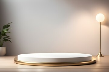 Wall Mural - A white pedestal with a gold base sits on a wooden table