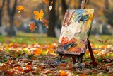 Fototapeta  - Easel and Painting Amidst Fall Leaves