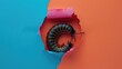 A humorous millipede peers through a ripped hole in a contrast pastel color paper background, Ai Generated