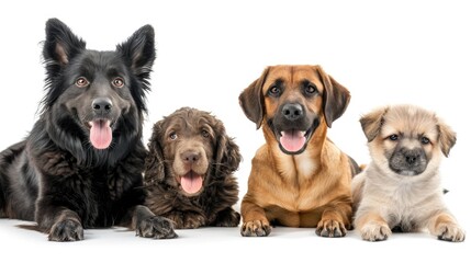 Wall Mural - Adorable group of pets sit together in front of a white background. Ai Generated.