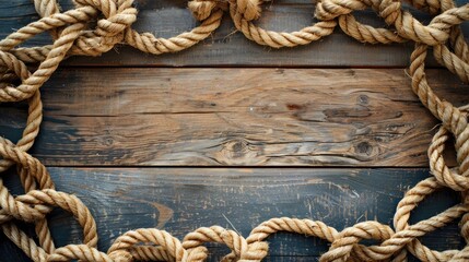 Nautical background featuring a rope shaped as a circle on a wood backdrop. Ai Generated.