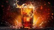 Soft drink poured into a glass with ice, creating a splash, against a dark background for a dramatic effect. Ai Generated.