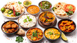  curry, samosa, rice biryani, dal, paneer, chapatti, naan, chicken tikka masala, mango lassi, dishes of India for dinner background