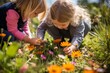 Happy children playing in garden siblings friends flowers fun spring summer youth memory joy sunny day play smiling lifestyle grass kids together activity group observing nature care