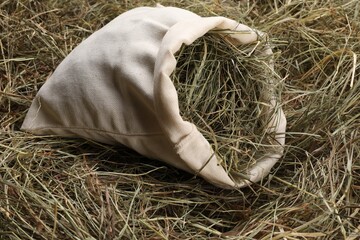 Wall Mural - Dried hay in burlap sack on table, closeup