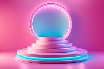 Wall Mural - A neon pink and blue stage with a blue circle in the middle