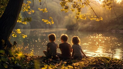 Children sitting at riverside
