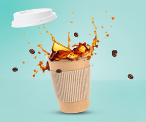 Sticker - Aromatic coffee in takeaway paper cup and roasted beans in air on turquoise background