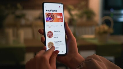 Ordering pizza online. Pizzeria store app for mobile phone.