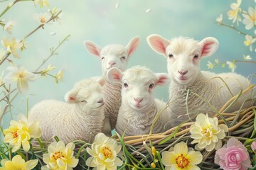 Easter art with 3 lambs. Sheep. Happy easter