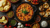 Fototapeta  - Top view of metal pan with cooked dish from the region of murcia in spain placed on table among bowls with ingredients