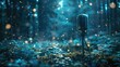 A vintage microphone stands in a dense forest at night, surrounded by glowing fireflies.