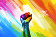 © Duckai - Fist raised in fight on a rainbow background, a poignant depiction of the ongoing struggle for lgbt rights and acceptance
