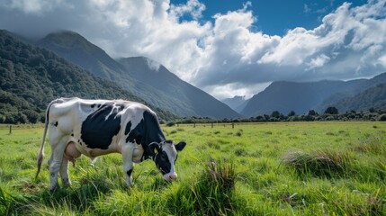 A cow grazing in a field with mountains in the background