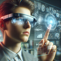 Augmented Virtual Reality VR Smart Glasses Displaying Information Outside Futuristic Metaverse Help Device Artificial Intelligence Architect Designing Real Estate Computer Science Engineer Businessman