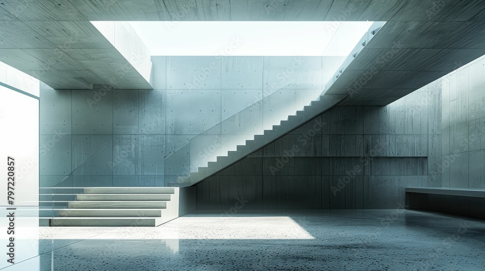 Modern minimalist interior with concrete walls and a floating staircase ...