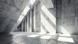 Modern concrete architecture with geometric patterns and sunlight casting shadows on the floor.