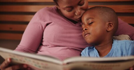 Poster - Mother, child and reading book for bed time with education, learning and storytelling in language development. African family, kid and happy mom with love and support or helping with literacy at home