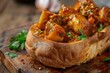 Iconic Bunny Chow presented on a wooden backdrop, featuring a bread loaf filled with spicy curry.