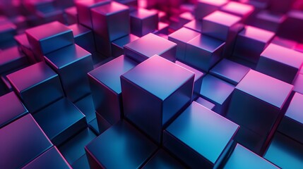 Wall Mural - Abstract digital background for tech, AI, data, audio, and graphics with cubes in shades of blue and red. For Design, Background, Cover, Poster, Banner, PPT, KV design, Wallpaper