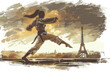 Brown watercolor paint of a judo woman doing a kick by the eiffel tower