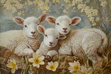 Easter art with 3 lambs. Sheep. Happy easter