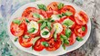 Aerial view watercolor of a Caprese salad arranged artistically on a white ceramic plate, capturing the simplicity and freshness