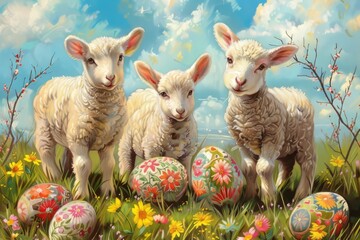 Easter art with 3 lambs. Sheep. Happy easter