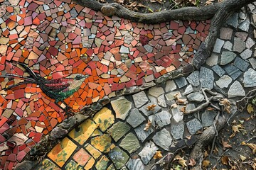 Wall Mural - A depiction of an outdoor mosaic installation, blending art with the natural environment