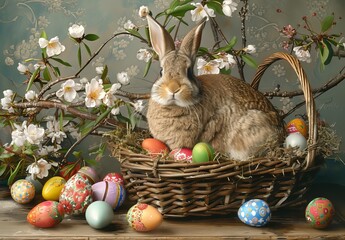 Traditional Easter Bunny with colorful Easter eggs. Happy easter